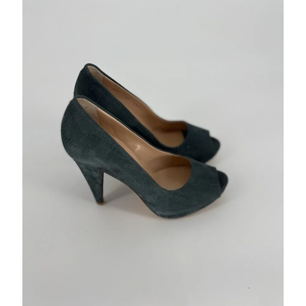 Authentic Bally Women's Blue Suede Peep Toe Cone Heel Pumps Shoes 5.5 US / 36 EU